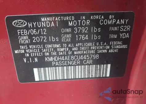 2012 Hyundai Elantra Gls (Ulsan Plant) from USA, damaged, VIN KMHDH4AE8CU445798